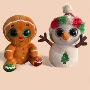 Ty Beanie Boos: Crumble the gingerbread man and Misty the snowman.